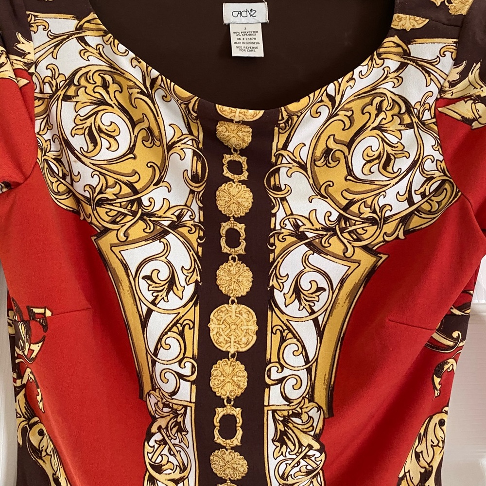 Lovely Caché dress with bold gold and red design on brown background